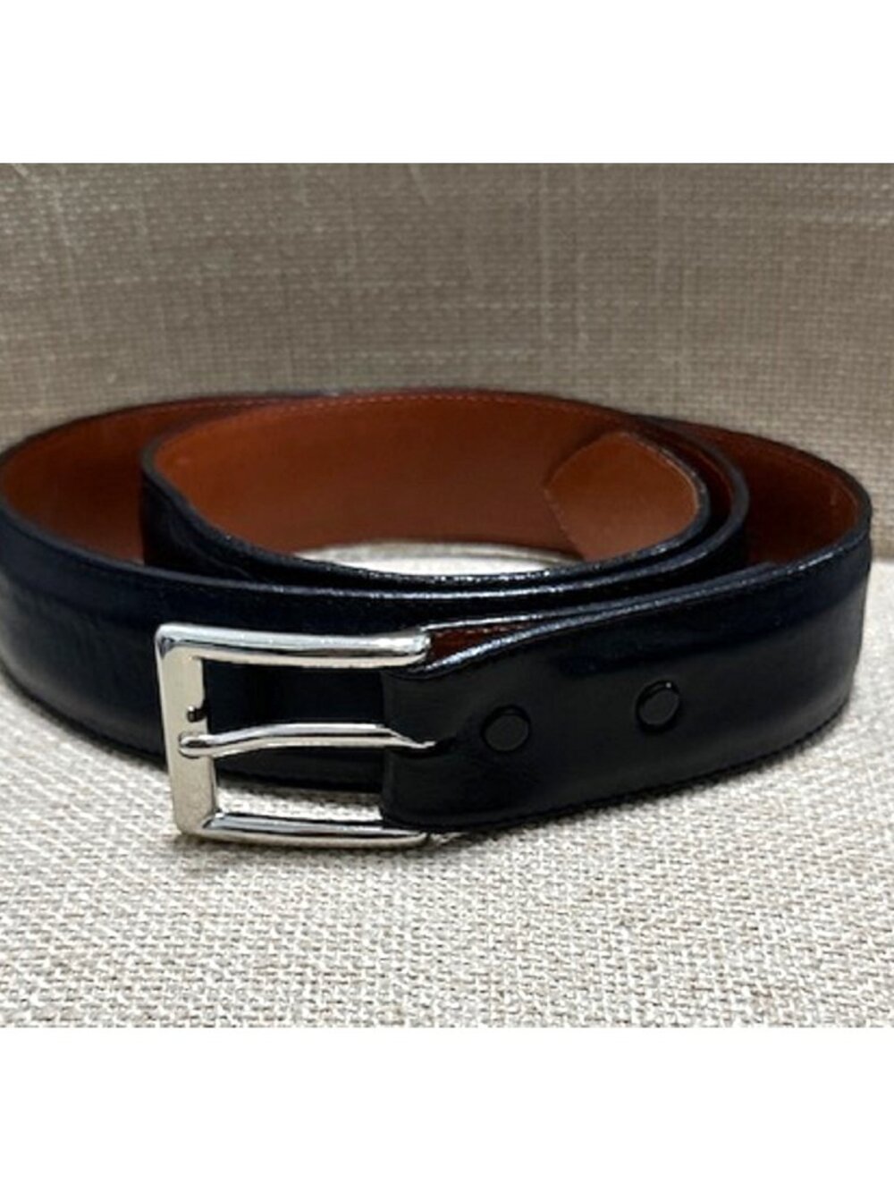Pat Areias Black Leather Belt With Silver Colored Brass Buckle 36